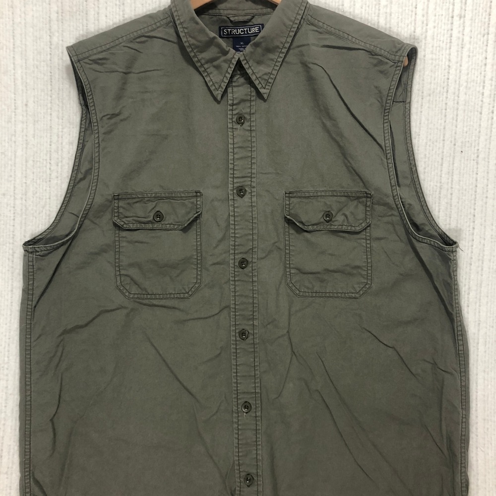 Structure Mens XL Olive Green Sleeveless Button Down‎ Cotton Utility Shirt Vest